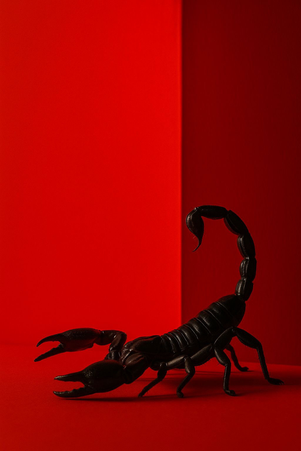 Scorpion noir dans un décor rouge intense
